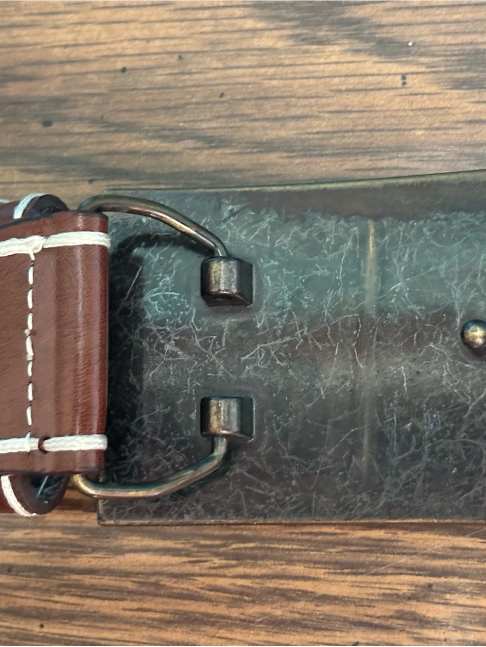 True Religion Brown Leather Belt with Embossed Brass Logo Buckle Size 28